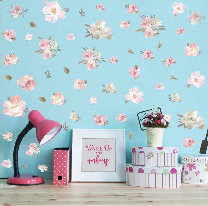 TOARTi Watercolor Pink Flowers Vinyl Wall Decal, Blooming Peony Floral Wall Sticker for Girls Bedroom Wedding Party Decoration (56pcs Colorful Flowers Wall Stickers) - Image 2